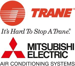 Trane logo and Mitsubishi logo